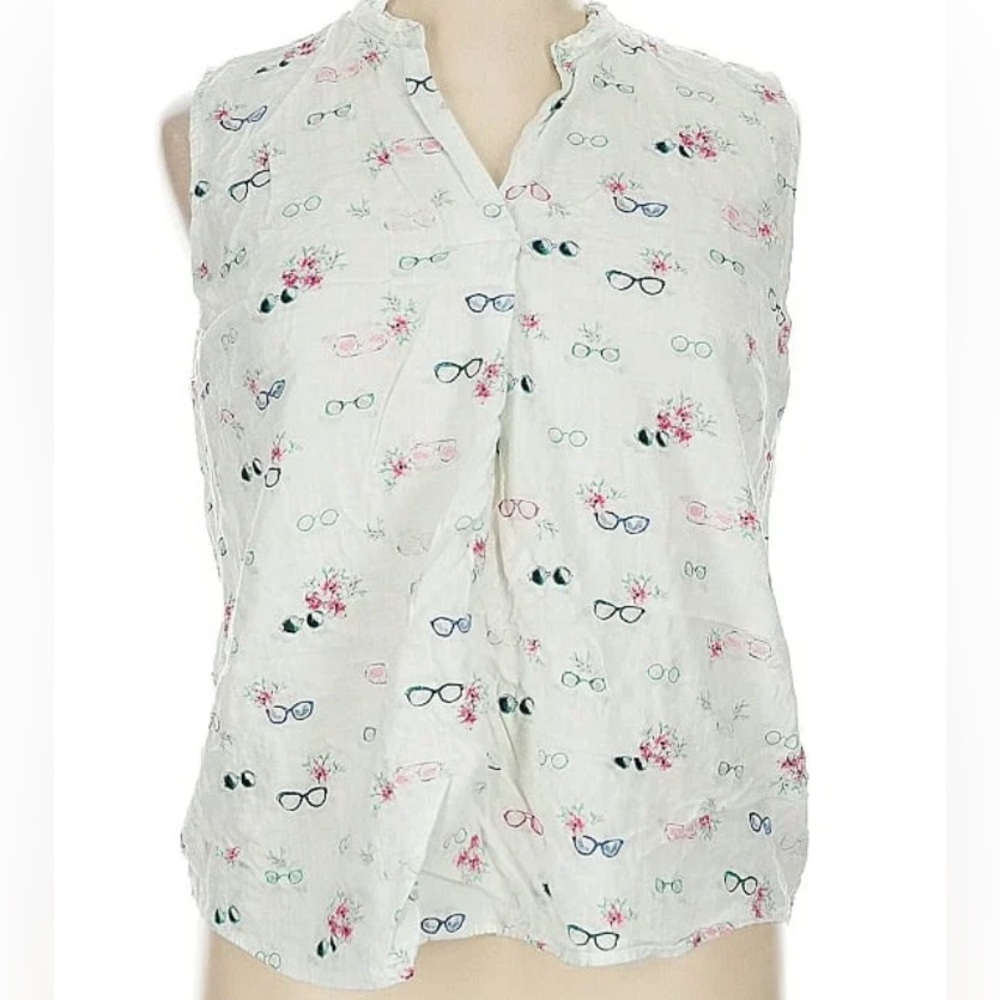 Van Heusen Floral and Glasses Print Sleeveless Cotton Blouse Medium